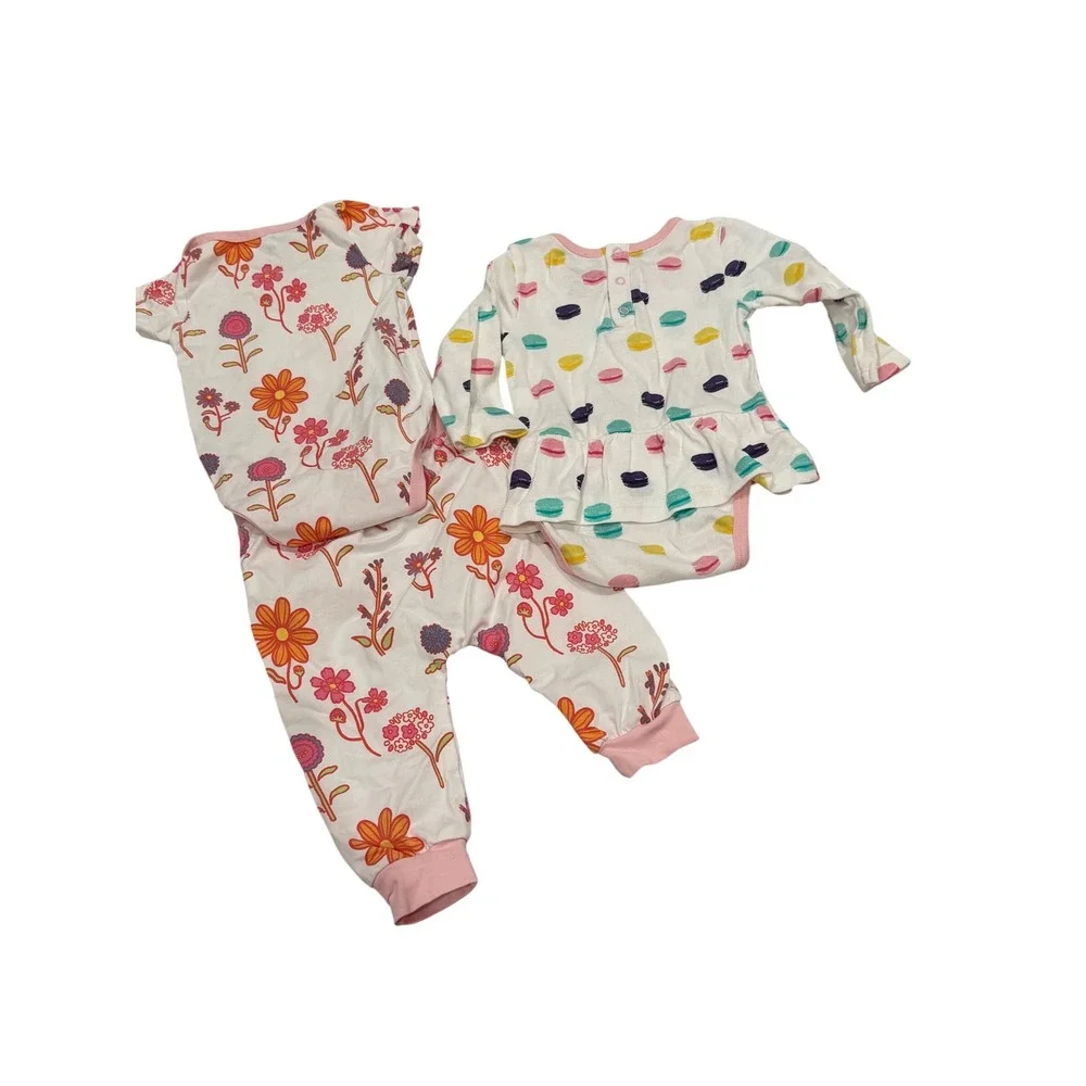 Monica + Andy Bodysuit Pants Set Kids 3-6M White Floral Macaron Organic Cotton